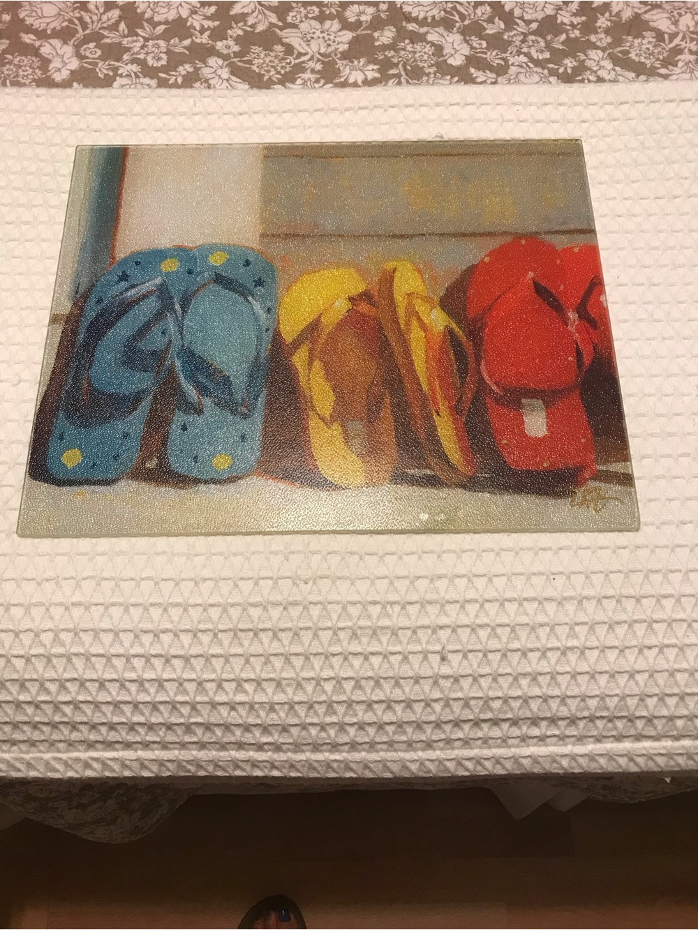Decorative Flip-Flop Canvas Glass Cutting Board— Blue, Yellow & Red